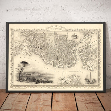 Alte Karte von Boston, Massachusetts im Jahr 1851 von Tallis & Rapkin